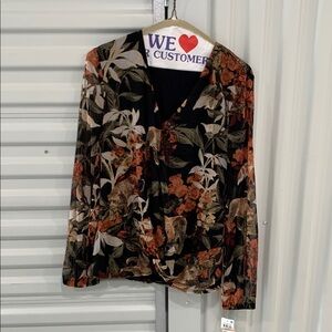 INC International Concepts Graphic Blouse Brown and Black Long Sleeve